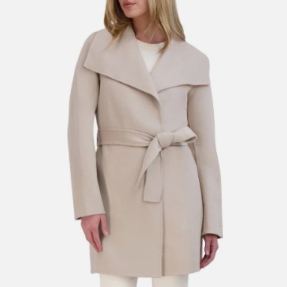 NWT Tahari Ella Wool Blend Wrap Coat Camel Belted Lightweight Size S